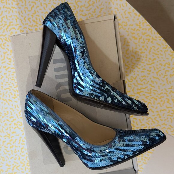Miu Miu Vintage Y2K Blue Sequin High Heel Pumps 37 - Picture 3 of 8